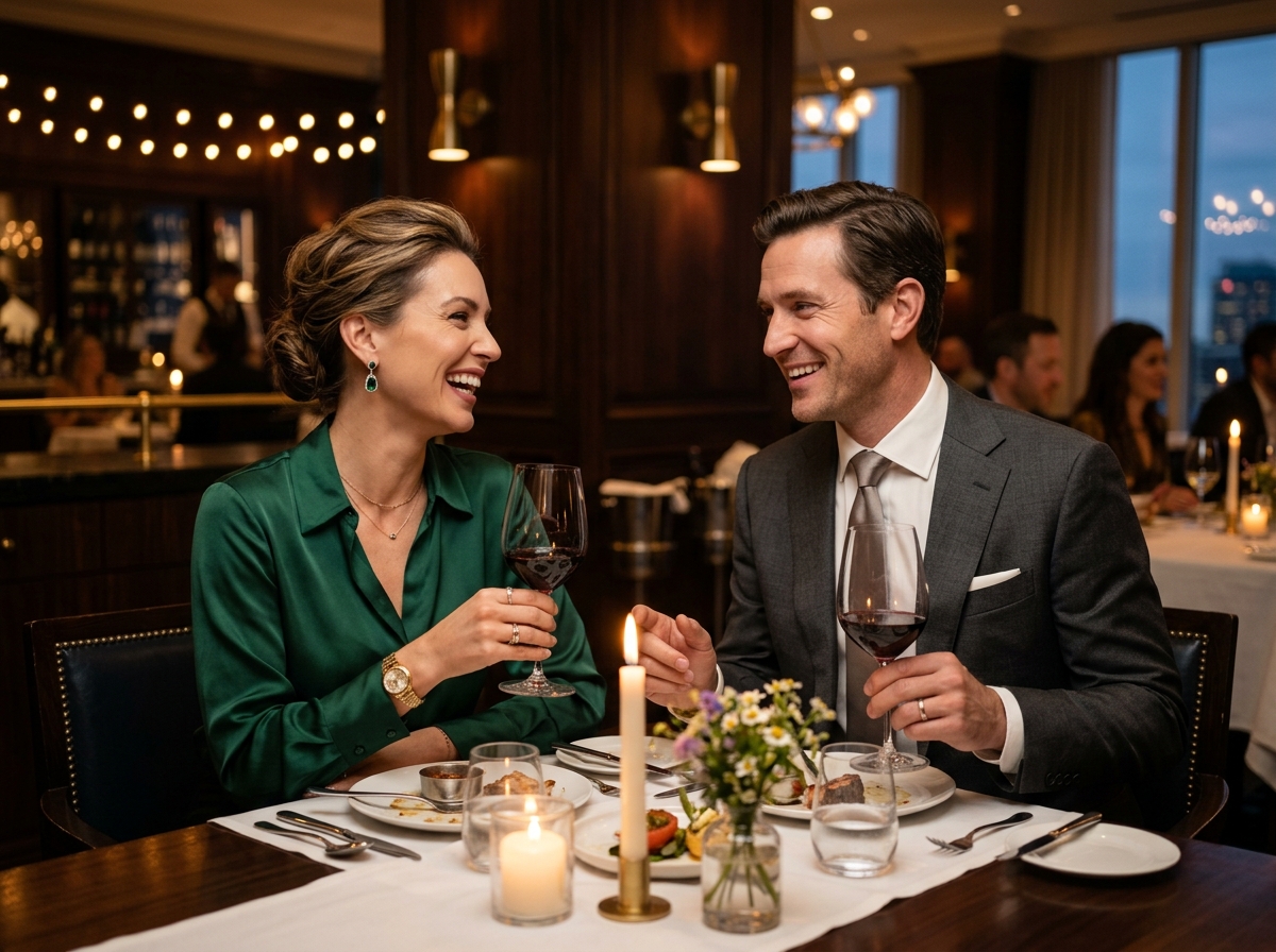 Two elegant professionals engaged in genuine conversation at a sophisticated Canadian venue