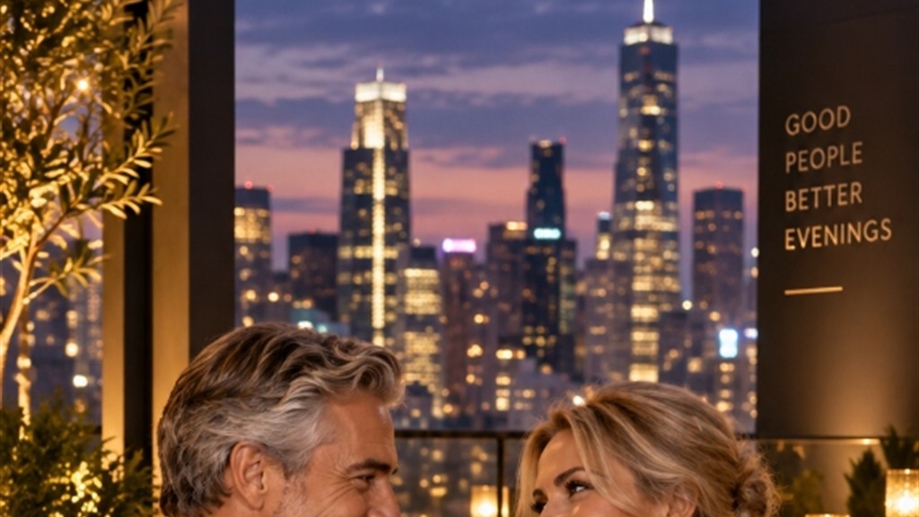 High-achieving Canadian couple connecting warmly at an upscale rooftop cocktail lounge
