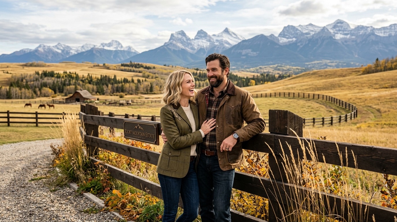 Alberta equestrian estate couple enjoying morning sunshine in the Rocky Mountain foothills