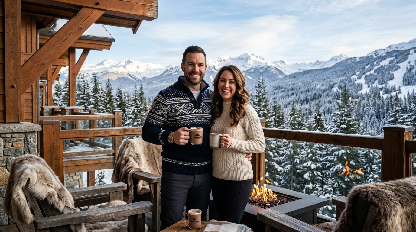 British Columbia couple relaxing on a luxury Whistler mountain chalet balcony