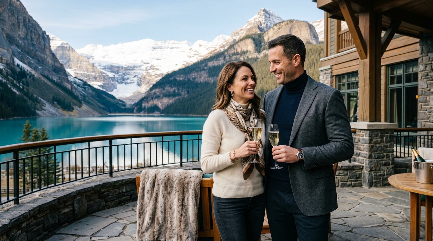 Affluent Canadian couple holding champagne glasses on a luxury Banff terrace
