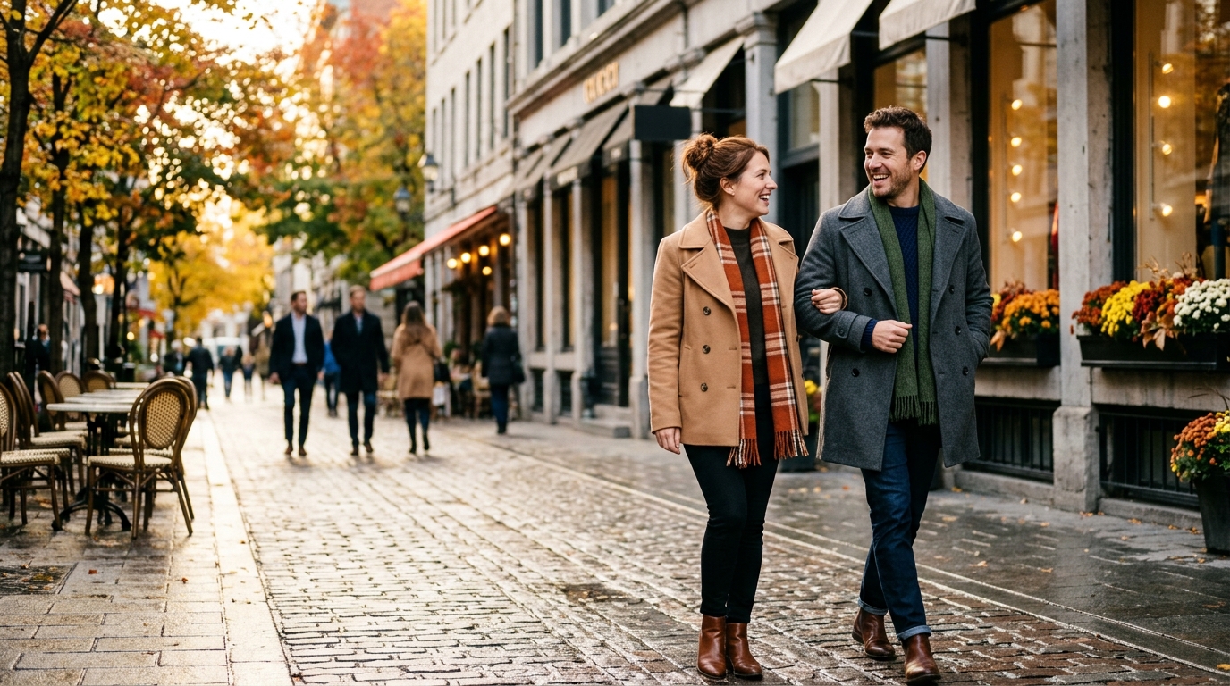 Sophisticated couple strolling together in an upscale boutique district