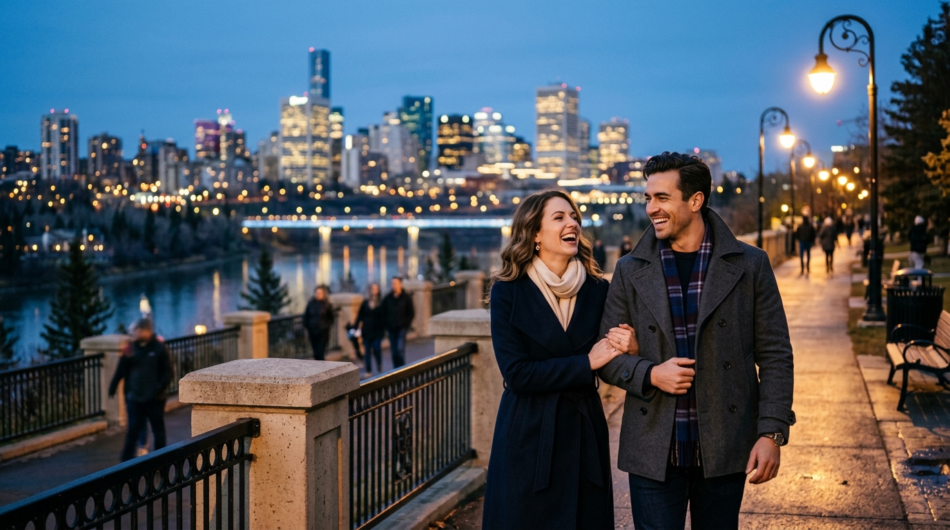 Edmonton couple walking along the North Saskatchewan River valley promenade at sunset