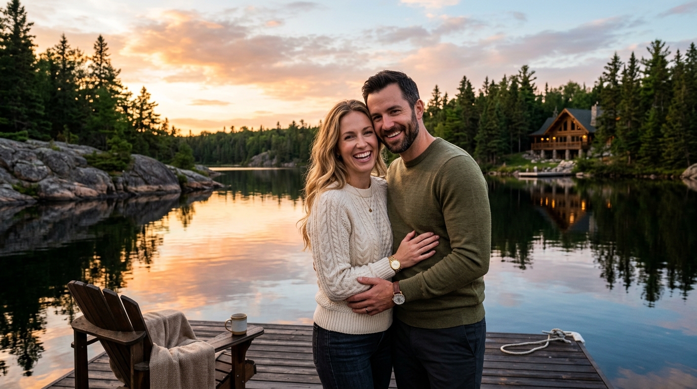Manitoba couple enjoying sunset over lakefront dock in the Whiteshell