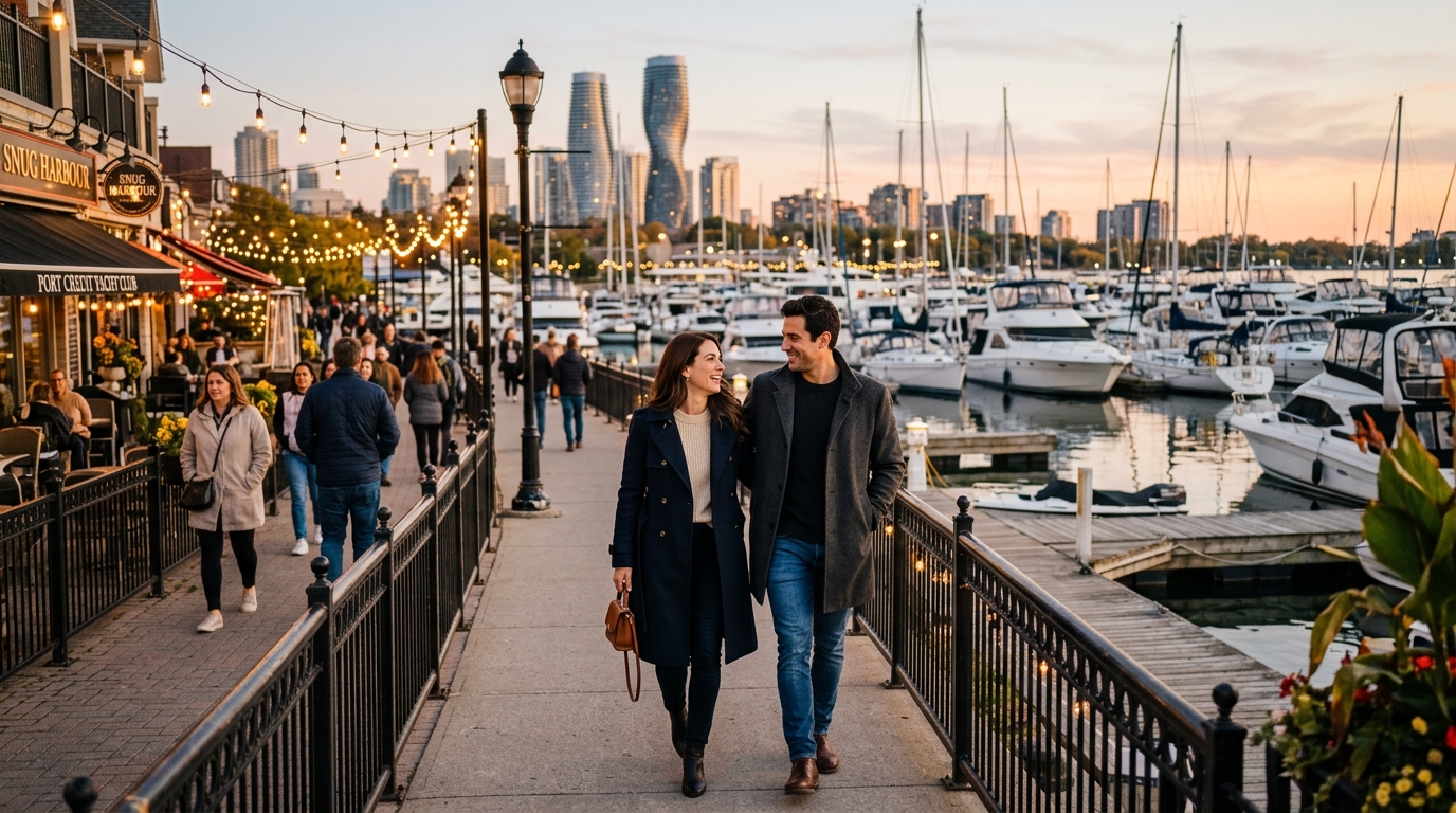 Sophisticated couple enjoying sunset at Port Credit marina overlooking luxury yachts