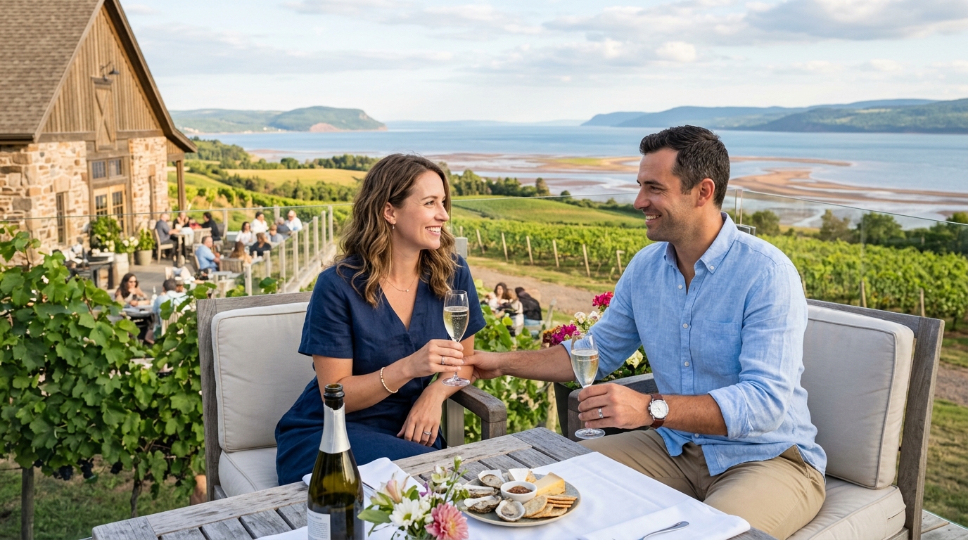 Nova Scotia couple enjoying wine tasting on an Annapolis Valley vineyard terrace at sunset