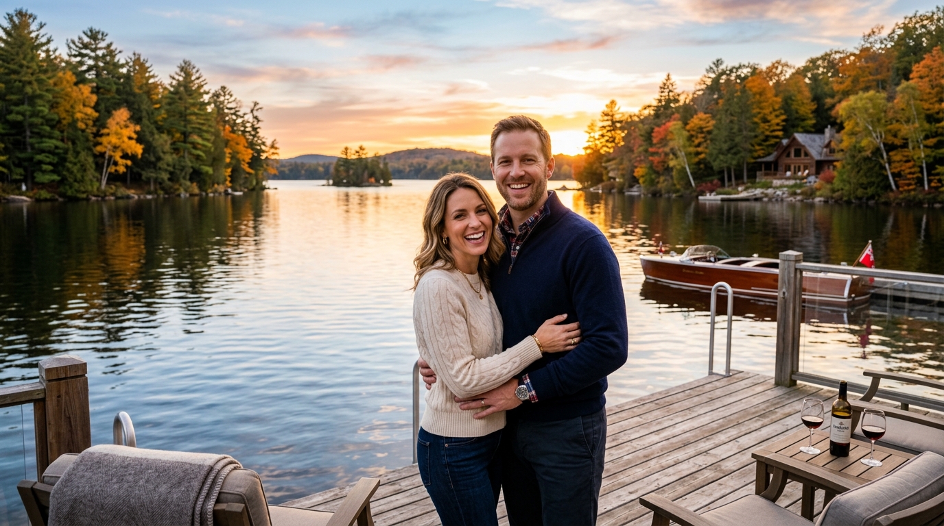 Accomplished Ontario couple relaxing on a private Muskoka lakefront dock at golden hour