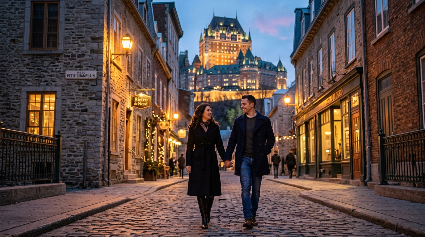 Couple elegant se promenant dans le quartier historique du Petit-Champlain avec le Ch&acirc;teau Frontenac
