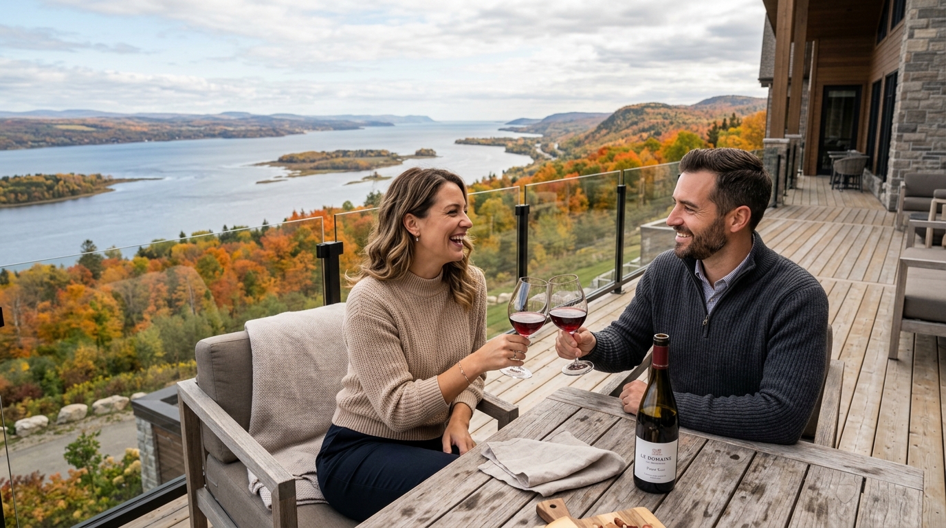Couple quebecois accompli savourant un verre de vin sur une terrasse panoramique a Charlevoix
