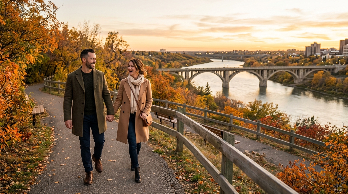 Accomplished Saskatchewan couple enjoying sunset along the Meewasin River Valley in Saskatoon