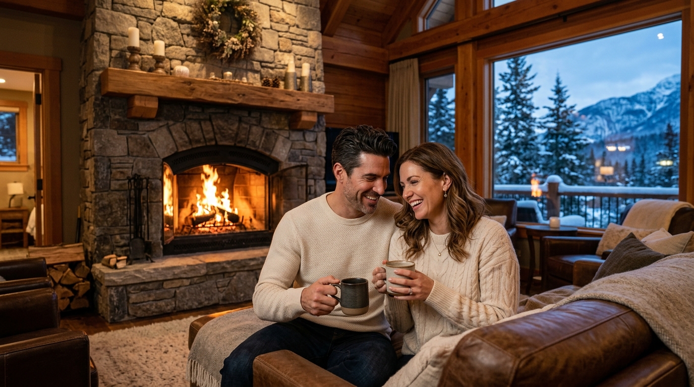 Affluent couple enjoying coffee by a stone fireplace inside a luxury mountain lodge