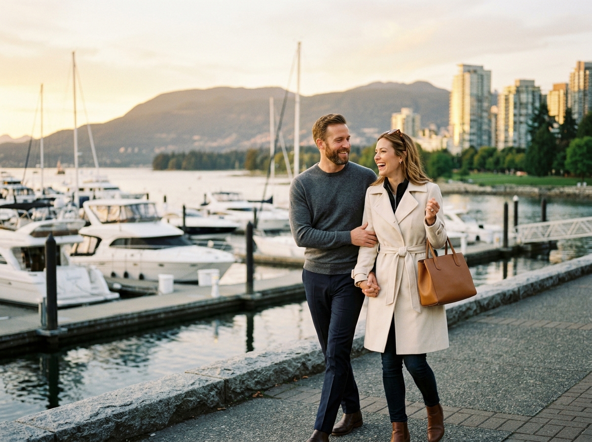 Vancouver tech executive couple enjoying an afternoon walk along the English Bay seawall