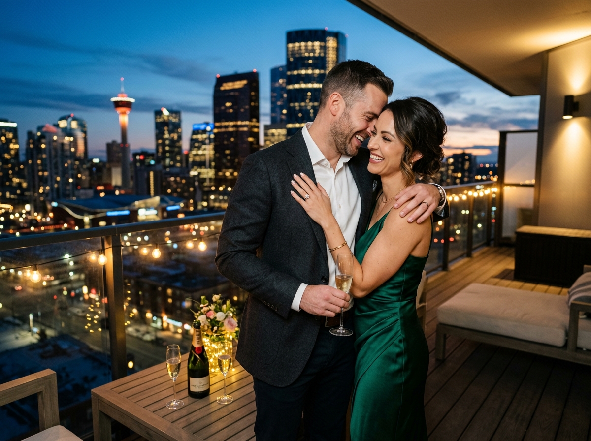 Calgary executive couple celebrating their engagement on a luxury penthouse balcony overlooking the skyline